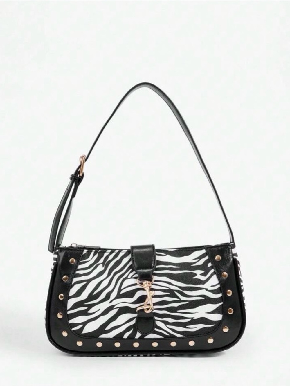 Black & White Zebra Print Shoulder Bag with Gold Accents